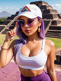 A 26 year old hispanic girl with rainbow hair wearing sports bra and yoga pants at Teotihuacan